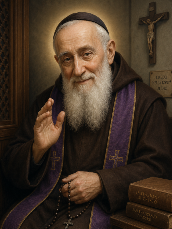 Retrato religioso de São Leopoldo Mandić, frade capuchinho idoso de barba branca longa, vestindo hábito marrom e estola roxa, segurando um rosário e levantando a mão em gesto de bênção dentro de um confessionário, com crucifixo na parede e iluminação suave ao fundo