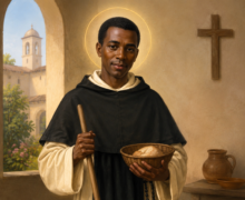Ilustração de São Martinho de Porres em um ambiente de mosteiro, com expressão serena e auréola ao redor da cabeça. Ele veste hábito dominicano em tons escuros e claros, segura uma vassoura em uma mão e um cesto com pães na outra, simbolizando humildade e caridade. Ao seu lado, um cachorro o observa atentamente, enquanto uma pomba branca voa próxima, representando paz. Ao fundo, há uma parede com um crucifixo, uma mesa simples com jarro de barro e uma janela em arco que revela um pátio tranquilo iluminado por luz suave