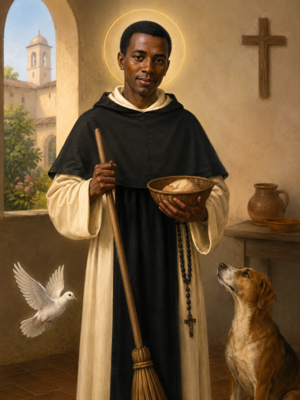 Ilustração de São Martinho de Porres em um ambiente de mosteiro, com expressão serena e auréola ao redor da cabeça. Ele veste hábito dominicano em tons escuros e claros, segura uma vassoura em uma mão e um cesto com pães na outra, simbolizando humildade e caridade. Ao seu lado, um cachorro o observa atentamente, enquanto uma pomba branca voa próxima, representando paz. Ao fundo, há uma parede com um crucifixo, uma mesa simples com jarro de barro e uma janela em arco que revela um pátio tranquilo iluminado por luz suave