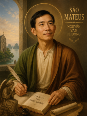 Retrato religioso artístico de São Mateus Nguyễn Văn Phuong sentado à mesa escrevendo o Evangelho com uma pena, iluminado por luz dourada suave, com auréola ao redor da cabeça, vestes tradicionais e cenário inspirado na arquitetura cristã vietnamita ao fundo.
