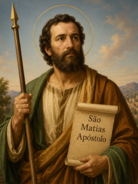 Imagem realista de São Matias Apóstolo segurando uma lança e um pergaminho com seu nome, vestido com túnicas em tons terrosos e manto verde, com auréola dourada ao redor da cabeça e paisagem ao fundo em estilo clássico religioso