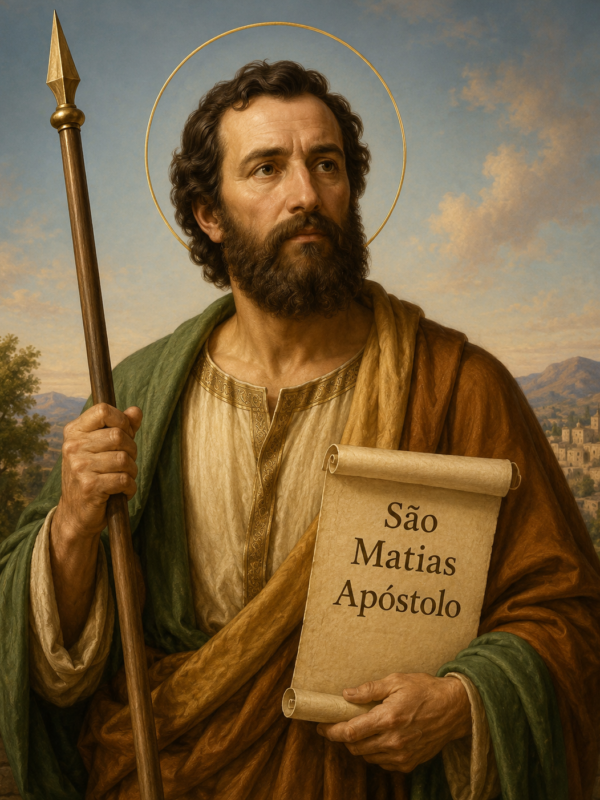 Imagem realista de São Matias Apóstolo segurando uma lança e um pergaminho com seu nome, vestido com túnicas em tons terrosos e manto verde, com auréola dourada ao redor da cabeça e paisagem ao fundo em estilo clássico religioso