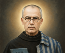 Retrato artístico de São Maximiliano Kolbe com expressão serena e olhar direto, usando óculos e vestes religiosas escuras, com parte do uniforme listrado de prisioneiro sobre o ombro, segurando um livro com imagem mariana; ao fundo, um halo luminoso simboliza sua santidade