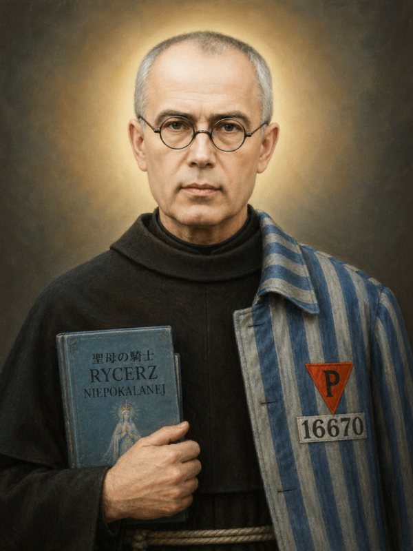 Retrato artístico de São Maximiliano Kolbe com expressão serena e olhar direto, usando óculos e vestes religiosas escuras, com parte do uniforme listrado de prisioneiro sobre o ombro, segurando um livro com imagem mariana; ao fundo, um halo luminoso simboliza sua santidade