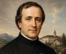 Imagem realista de São Miguel Garicoïts vestindo batina preta, segurando um livro religioso com expressão serena, diante de um mosteiro em paisagem montanhosa ao fundo, iluminado por luz suave e acolhedora
