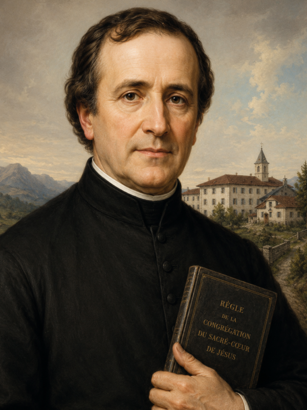 Imagem realista de São Miguel Garicoïts vestindo batina preta, segurando um livro religioso com expressão serena, diante de um mosteiro em paisagem montanhosa ao fundo, iluminado por luz suave e acolhedora