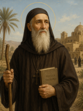 Imagem de São Pacômio em estilo de pintura religiosa clássica, retratando o santo como um monge idoso de longa barba branca, vestindo hábito escuro e segurando um cajado e um livro com a inscrição “Regula Pachomii”. Ao fundo aparece um mosteiro no deserto com palmeiras e monges, enquanto um halo dourado destaca sua santidade.