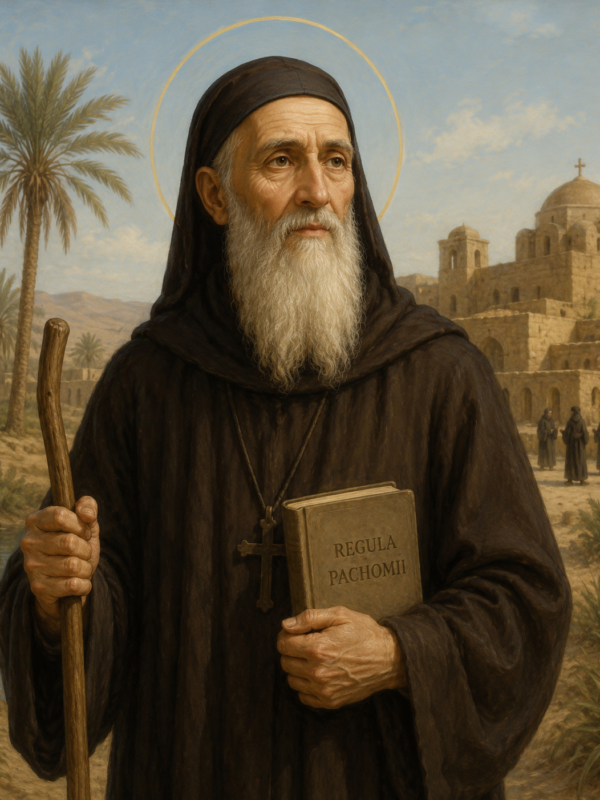 Imagem de São Pacômio em estilo de pintura religiosa clássica, retratando o santo como um monge idoso de longa barba branca, vestindo hábito escuro e segurando um cajado e um livro com a inscrição “Regula Pachomii”. Ao fundo aparece um mosteiro no deserto com palmeiras e monges, enquanto um halo dourado destaca sua santidade.