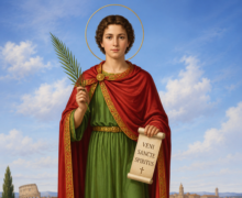 Ilustração religiosa de São Pancrácio em estilo clássico, representado como um jovem santo de cabelos cacheados, vestindo túnica verde e manto vermelho com detalhes dourados. O santo segura uma palma do martírio e um pergaminho com a inscrição “Veni Sancte Spiritus”, enquanto uma auréola dourada ilumina sua cabeça. Ao fundo, há uma paisagem inspirada na Roma antiga, com ruínas e céu azul com nuvens suaves
