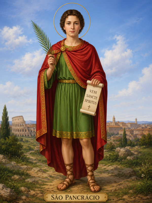 Ilustração religiosa de São Pancrácio em estilo clássico, representado como um jovem santo de cabelos cacheados, vestindo túnica verde e manto vermelho com detalhes dourados. O santo segura uma palma do martírio e um pergaminho com a inscrição “Veni Sancte Spiritus”, enquanto uma auréola dourada ilumina sua cabeça. Ao fundo, há uma paisagem inspirada na Roma antiga, com ruínas e céu azul com nuvens suaves