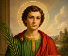 Ilustração religiosa de São Pantaleão, jovem mártir e médico cristão, com halo dourado, vestindo túnica verde e manto vermelho, segurando uma palma do martírio e uma caixa de remédios, em cenário clássico com instrumentos médicos ao fundo