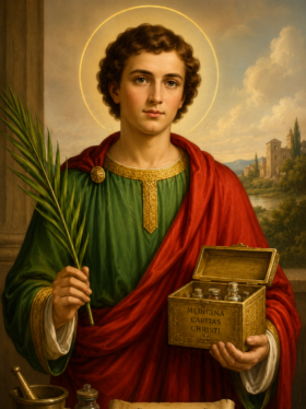 Ilustração religiosa de São Pantaleão, jovem mártir e médico cristão, com halo dourado, vestindo túnica verde e manto vermelho, segurando uma palma do martírio e uma caixa de remédios, em cenário clássico com instrumentos médicos ao fundo