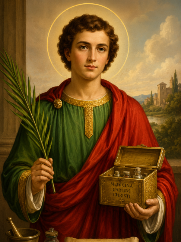Ilustração religiosa de São Pantaleão, jovem mártir e médico cristão, com halo dourado, vestindo túnica verde e manto vermelho, segurando uma palma do martírio e uma caixa de remédios, em cenário clássico com instrumentos médicos ao fundo
