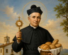 Ilustração religiosa de São Pascoal Bailão em pé, vestindo hábito escuro, segurando uma custódia dourada e um cesto de pães, com auréola ao redor da cabeça. Ao fundo há uma pequena igreja em paisagem campestre, simbolizando sua devoção à Eucaristia e à caridade cristã