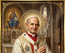 Pintura digital de São Paulo VI sorridente, representado como santo católico com uma auréola dourada. Veste vestes papais ornamentadas em branco, vermelho e dourado, traz o pálio sobre os ombros e segura a cruz pastoral. Ao fundo, o interior de uma igreja com altar, uma imagem de Jesus Cristo e um estandarte escrito Nossos Santos Católicos. Na base, uma faixa branca com o texto São Paulo VI, Papa - Pai e Pastor, Modelo de Fé e Esperança.