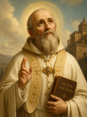 Imagem devocional de São Pedro Celestino retratado como um idoso de barba branca e expressão serena, vestindo vestes papais brancas ornamentadas em dourado, segurando um livro enquanto ergue a mão em bênção, com auréola dourada ao redor da cabeça e uma antiga igreja ao fundo sob luz suave e celestial