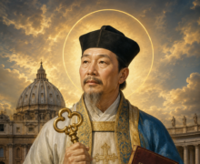 Ilustração sacra de São Pedro Liu Wenyuan em estilo clássico religioso, retratado com vestes litúrgicas orientais em tons de azul e dourado, segurando uma chave dourada e um livro cristão, com halo luminoso ao redor da cabeça e a Basílica de São Pedro ao fundo sob um céu dourado dramático