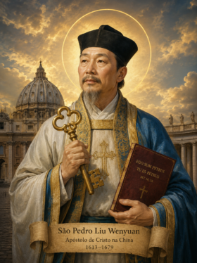 Ilustração sacra de São Pedro Liu Wenyuan em estilo clássico religioso, retratado com vestes litúrgicas orientais em tons de azul e dourado, segurando uma chave dourada e um livro cristão, com halo luminoso ao redor da cabeça e a Basílica de São Pedro ao fundo sob um céu dourado dramático
