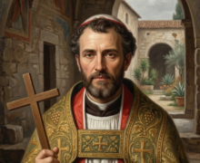 Pintura clássica em estilo óleo sobre tela representando São Pôncio de Cimiez como um mártir. Ele veste trajes litúrgicos ornamentados em verde e dourado, segura uma cruz de madeira e repousa a mão sobre um livro sagrado, emoldurado por uma arquitetura em arco