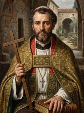 Pintura clássica em estilo óleo sobre tela representando São Pôncio de Cimiez como um mártir. Ele veste trajes litúrgicos ornamentados em verde e dourado, segura uma cruz de madeira e repousa a mão sobre um livro sagrado, emoldurado por uma arquitetura em arco