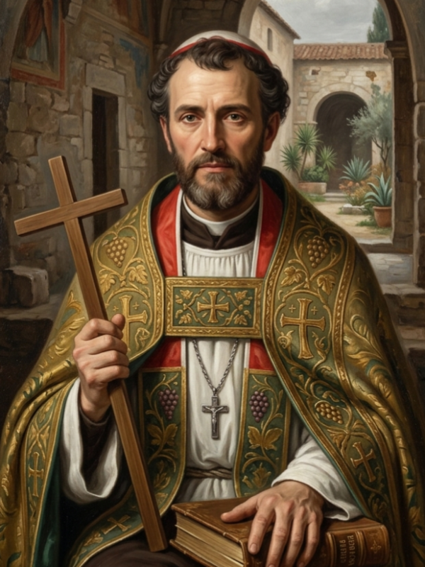Pintura clássica em estilo óleo sobre tela representando São Pôncio de Cimiez como um mártir. Ele veste trajes litúrgicos ornamentados em verde e dourado, segura uma cruz de madeira e repousa a mão sobre um livro sagrado, emoldurado por uma arquitetura em arco