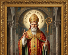 Pintura digital em estilo clássico de arte sacra retratando São Senador de Milão, inserida em uma moldura retangular dourada ricamente ornamentada. O santo é representado de corpo inteiro como um bispo católico maduro de pele clara, com olhar sereno e uma longa barba cheia e grisalha. Ele veste paramentos litúrgicos solenes, incluindo uma alva branca com detalhes dourados na barra, uma estola decorada e uma casula vermelha com detalhes internos em verde, ornamentada com bordados dourados e pedras preciosas. Na cabeça, traz uma mitra episcopal dourada adornada com joias e, ao redor dela, destaca-se uma grande auréola dourada circular com a inscrição em letras maiúsculas "SÃO SENADOR DE MILÃO". Com a mão direita, ele faz um gesto de bênção, enquanto com a mão esquerda segura um báculo pastoral dourado com extremidade em espiral. O cenário ao fundo recria o interior imponente de uma catedral antiga com colunas clássicas de mármore e arcos arquitetônicos decorados com afrescos sacros. Na base do retrato, há uma faixa em formato de pergaminho horizontal com o texto em letras maiúsculas: "SÃO SENADOR, BISPO DE MILÃO".