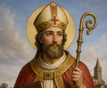 Ilustração religiosa de São Servácio representado como um bispo cristão, usando vestes vermelhas e douradas ricamente ornamentadas, mitra episcopal e segurando um báculo dourado e um livro com seu nome. Ao fundo, aparece uma igreja medieval sob um céu claro, em estilo clássico sacro com iluminação suave e expressão serena