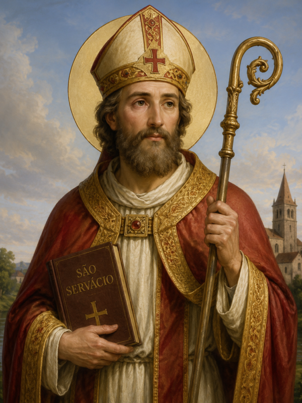 Ilustração religiosa de São Servácio representado como um bispo cristão, usando vestes vermelhas e douradas ricamente ornamentadas, mitra episcopal e segurando um báculo dourado e um livro com seu nome. Ao fundo, aparece uma igreja medieval sob um céu claro, em estilo clássico sacro com iluminação suave e expressão serena