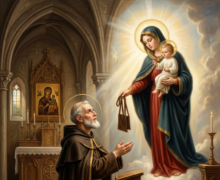 Pintura sacra de São Simão Stock de joelhos em oração, recebendo o Escapulário de Nossa Senhora do Carmo, que segura o Menino Jesus em meio a uma luz divina no interior de uma igreja gótica