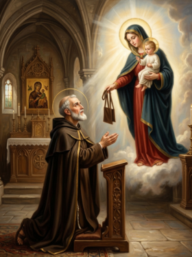Pintura sacra de São Simão Stock de joelhos em oração, recebendo o Escapulário de Nossa Senhora do Carmo, que segura o Menino Jesus em meio a uma luz divina no interior de uma igreja gótica