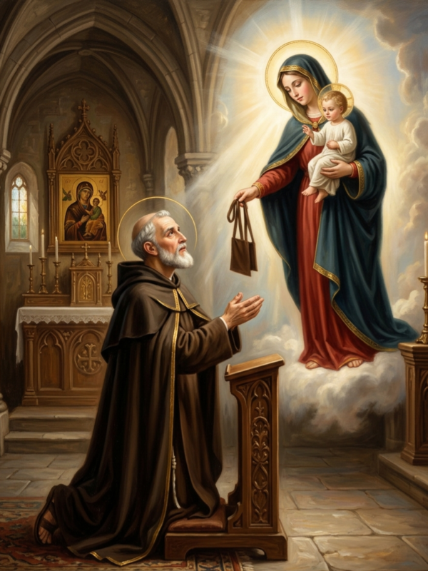 Pintura sacra de São Simão Stock de joelhos em oração, recebendo o Escapulário de Nossa Senhora do Carmo, que segura o Menino Jesus em meio a uma luz divina no interior de uma igreja gótica