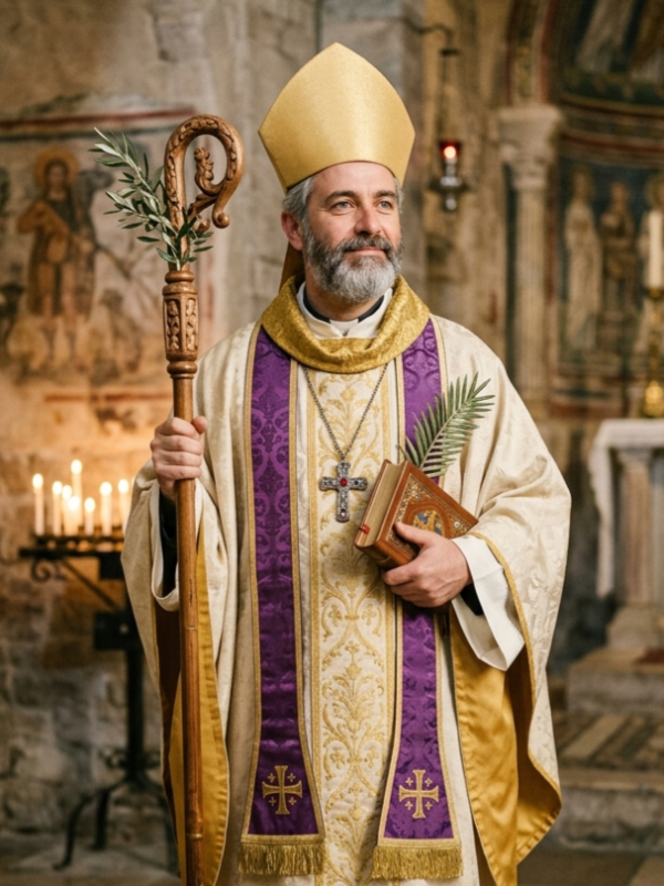 Retrato de São Vitorino de túnica branca e dourada com estola roxa, segurando um báculo episcopal e as escrituras sagradas no interior de uma igreja antiga