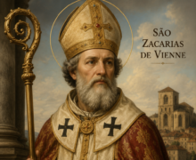 Retrato religioso de São Zacarias de Vienne vestido com ricos trajes episcopais dourados e vermelhos, segurando um báculo e um livro sagrado, com auréola iluminada ao redor da cabeça e uma antiga cidade ao fundo sob céu suave e sereno.