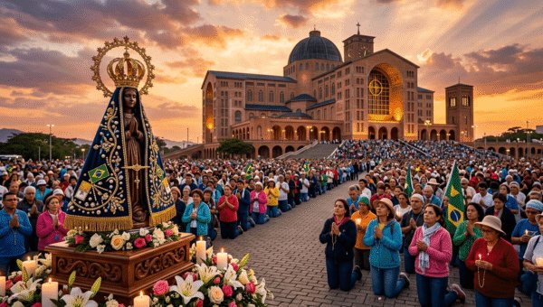 Imagem inspiradora de Nossa Senhora Aparecida em destaque diante do Santuário Nacional de Aparecida, céu iluminado ao pôr do sol, fiéis rezando ao fundo, atmosfera de fé e esperança, estilo realista com iluminação dramática, riqueza de detalhes, arte sacra católica brasileira