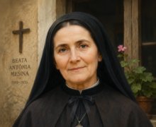 Retrato artístico da Beata Antônia Mesina em estilo sacro, vestindo hábito escuro e segurando um livro religioso diante de uma parede rústica com cruz cristã ao fundo.
