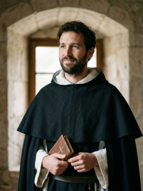 Retrato do Beato André Abellon, frade dominicano com barba e cabelos escuros, vestindo o hábito preto e branco da Ordem dos Pregadores. Ele segura uma pequena Bíblia de capa de couro com uma cruz dourada, posicionado em frente a uma janela em arco de pedra em um ambiente monástico antigo
