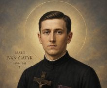 Retrato religioso do Beato Ivan Ziatyk em estilo clássico sacro, mostrando o sacerdote jovem com vestes escuras, segurando um crucifixo e um livro religioso, com halo dourado ao fundo e expressão serena de devoção