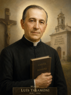 Retrato religioso do Beato Luís Talamóni vestido com batina preta, segurando um livro, com expressão serena e halo de santidade ao fundo, ao lado de um crucifixo e de uma igreja em estilo clássico