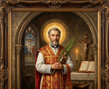 Pintura digital de estilo clássico do Beato Ricardo Thirkeld representado de corpo inteiro como mártir católico, inserida em uma moldura de madeira escura com ornamentos dourados. O beato é retratado como um sacerdote maduro com barba grisalha e calvície clerical, cercado por uma auréola dourada luminosa onde se lê a inscrição em latim "BEATUS RICHARDUS THIRKELD MARTYR + ANGLIAE". Ele veste uma túnica litúrgica branca com detalhes em renda na barra e uma casula vermelha ricamente ornamentada com bordados dourados, símbolos litúrgicos e um terço pendurado. Com as duas mãos juntas ao peito, segura firmemente um pequeno crucifixo de madeira e uma palma de martírio verde. O cenário ao fundo recria o interior de uma capela medieval de pedra, exibindo um arco arquitetônico com um vitral colorido da crucificação de Jesus à esquerda e, à direita, um altar iluminado por uma vela acesa com um crucifixo e um livro litúrgico aberto.