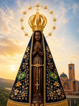 Imagem de Nossa Senhora Aparecida com manto azul bordado em dourado, coroa real e mãos em oração, iluminada por luz celestial ao pôr do sol, com a Basílica de Aparecida ao fundo