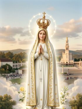 Retrato de Nossa Senhora de Fátima em pé sobre uma pequena azinheira com rosas, rodeada por uma aura luminosa e uma coroa de estrelas. Ela veste um manto branco com bordados dourados e segura um terço. Abaixo, os três pastorinhos (Lúcia, Francisco e Jacinta) aparecem ajoelhados em oração, com o Santuário de Fátima ao fundo sob um céu suave de entardecer