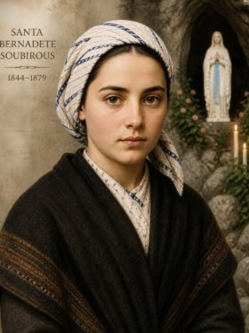 Retrato devocional de Santa Bernadete Soubirous jovem, com expressão serena e olhar direto, vestindo roupas simples e lenço na cabeça, diante de uma gruta com a imagem da Virgem Maria ao fundo e velas acesas, em atmosfera suave e religiosa.