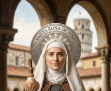 Pintura digital de Santa Bona de Pisa representada em formato de retrato católico de meio corpo. A santa, com semblante jovem e sereno, veste uma túnica cinza com cordão de nós na cintura sob um manto marrom rústico e um véu branco que emoldura seu rosto. Atrás de sua cabeça, destaca-se uma auréola metálica prateada com gravações ornamentadas em relevo e a inscrição "SANTA BONA DE PISA - PROTETORA DOS PEREGRINOS". Com a mão direita, ela segura um cajado de madeira rústica decorado com uma concha de Vieira presa por cordas; com a mão esquerda, ampara um livro litúrgico aberto. Um terço de madeira escura com um crucifixo pende de sua cintura. O cenário ao fundo recria um claustro medieval com arcos de pedra, colunas clássicas e um jardim central, revelando a Torre de Pisa ao fundo sob um céu claro. No canto inferior direito da imagem, está discretamente posicionado o logotipo do Portal Nossos Santos Católicos.