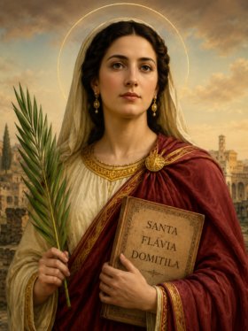 Retrato artístico de Santa Flávia Domitila com expressão serena, vestindo túnica branca com detalhes dourados e manto vermelho, segurando uma palma do martírio e um livro com seu nome. Ao fundo aparecem ruínas da Roma antiga sob um céu iluminado, enquanto um halo dourado destaca sua santidade