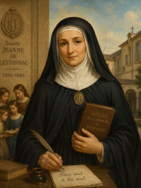Ilustração religiosa clássica de Santa Joana de Lestonnac vestida com hábito preto e véu branco, segurando um livro e uma pena, com halo dourado ao redor da cabeça e crianças estudando ao fundo em um convento histórico