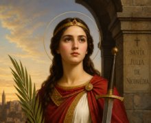 Imagem devocional de Santa Júlia de Nicomédia retratada como uma jovem santa cristã com auréola dourada, vestida com túnica branca e manto vermelho com detalhes dourados. Ela segura uma palma do martírio em uma mão e uma espada na outra, diante de uma antiga construção de pedra, com uma cidade ao fundo ao pôr do sol. Ao lado, há uma inscrição com o nome “Santa Júlia de Nicomédia”