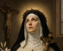 Retrato artístico de Santa Maria Madalena de Pazzi em estilo clássico, vestida com hábito carmelita preto e branco, segurando um crucifixo e um livro religioso, com expressão contemplativa, auréola luminosa e lírios brancos ao lado, em ambiente de capela com iluminação suave.