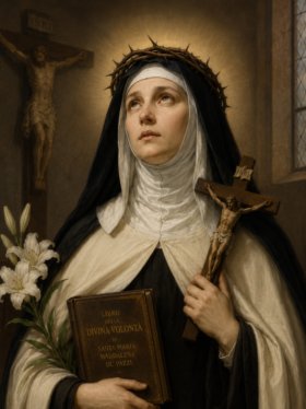 Retrato artístico de Santa Maria Madalena de Pazzi em estilo clássico, vestida com hábito carmelita preto e branco, segurando um crucifixo e um livro religioso, com expressão contemplativa, auréola luminosa e lírios brancos ao lado, em ambiente de capela com iluminação suave.