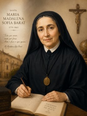 Retrato artístico de Santa Maria Madalena Sofia Barat vestida com hábito religioso negro, sentada à mesa escrevendo em um livro, com crucifixo ao fundo e elementos religiosos em estilo clássico e iluminado.