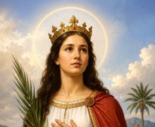 Retrato artístico de Santa Quitéria com halo dourado, vestes brancas e manto vermelho, segurando uma palma de martírio e uma espada, diante de uma pequena igreja em paisagem montanhosa sob céu iluminado